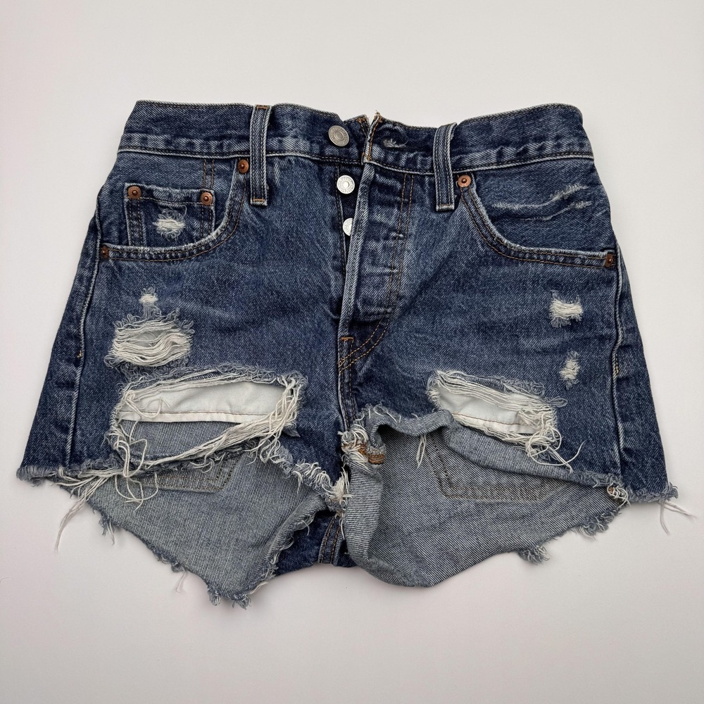 Levis 501 Shorts Womens 25 Denim Distressed Button Fly Cutoff Raw Hem